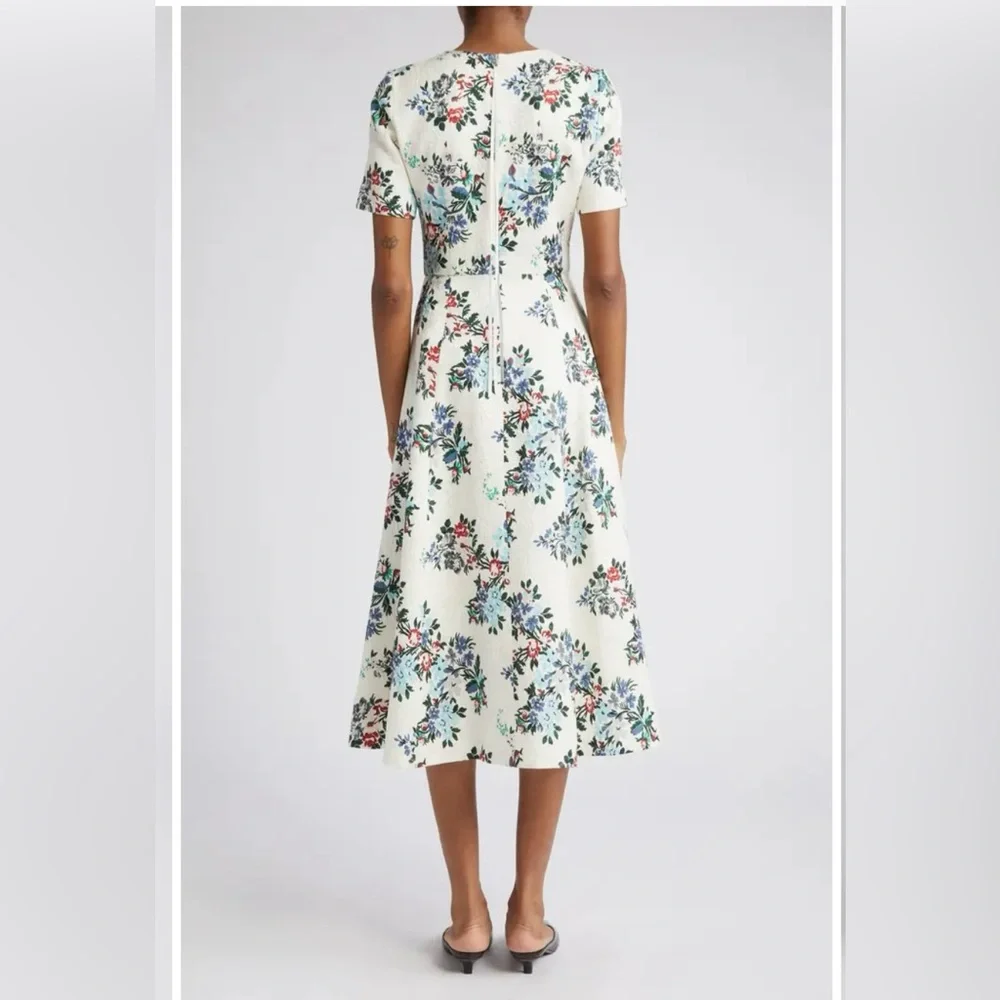 Adam Lippes Eloise Floral Matelassé Fit & Flare Midi Dress White Short Sleeves 2 - Picture 3 of 16